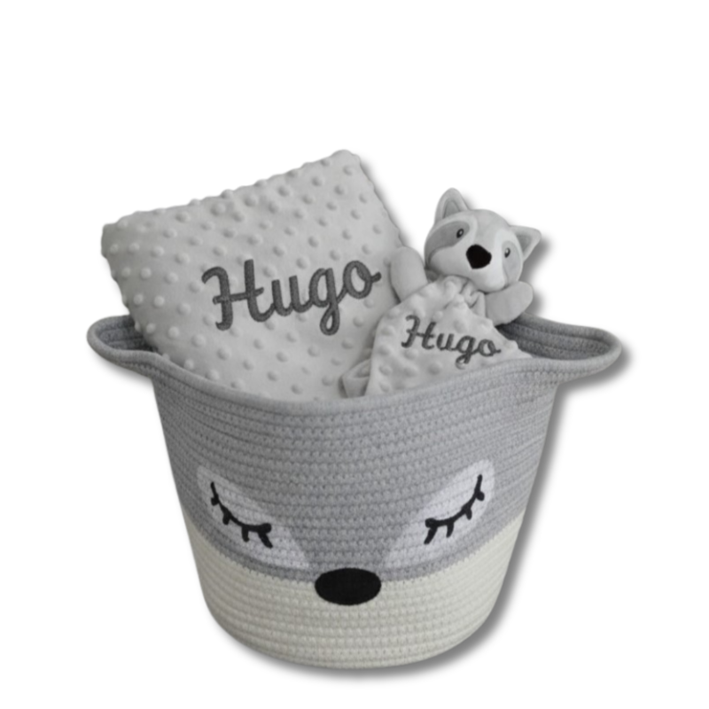 Pack Cesta MAPACHE con manta + doudou bordado