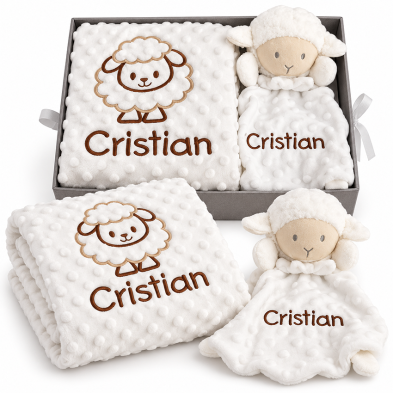 🐏 Cesta regalo con manta y doudou a juego