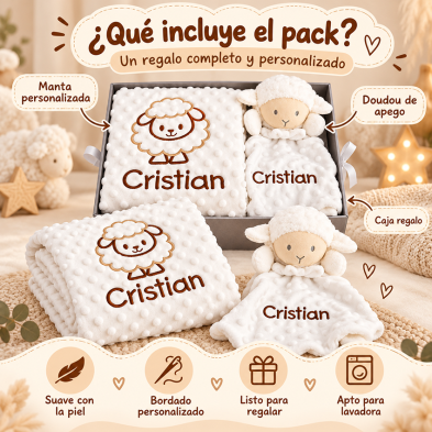 🐏 Cesta regalo con manta y doudou a juego