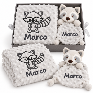 🦝 Cesta regalo con manta y doudou a juego