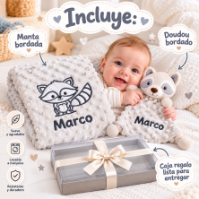 🦝 Cesta regalo con manta y doudou a juego