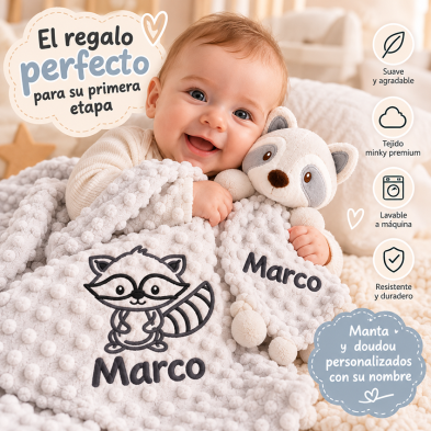 🦝 Cesta regalo con manta y doudou a juego