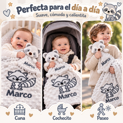🦝 Cesta regalo con manta y doudou a juego