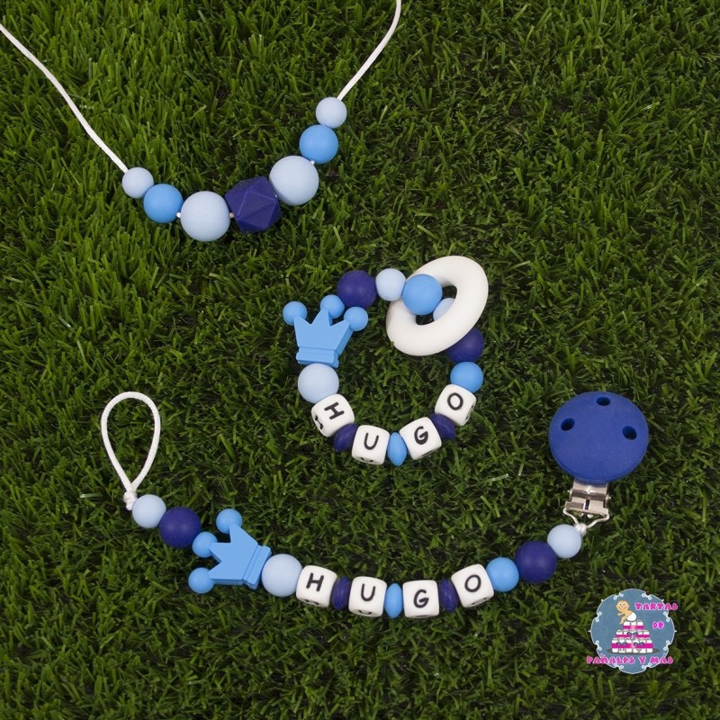 Sujetachupetes + Mordedor + Collar silicona multicolor azul