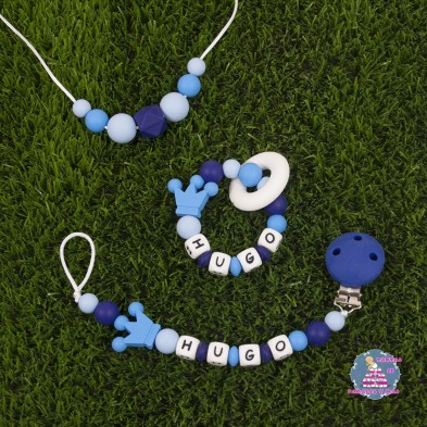 Sujetachupetes + Mordedor + Collar silicona multicolor azul Sujetachupetes + Mordedor + Collar silicona multicolor azul