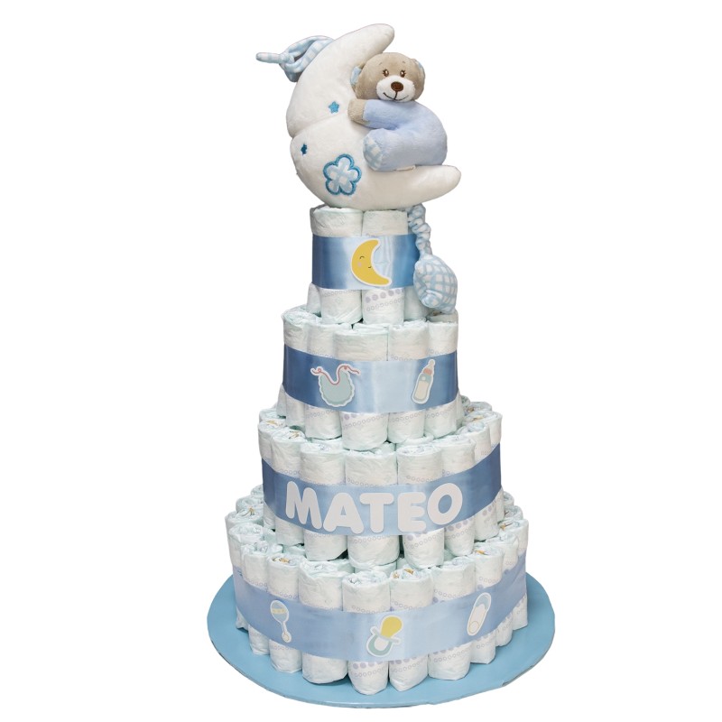Tarta de pañales 4 pisos AZUL OSITO LUNA MUSICAL