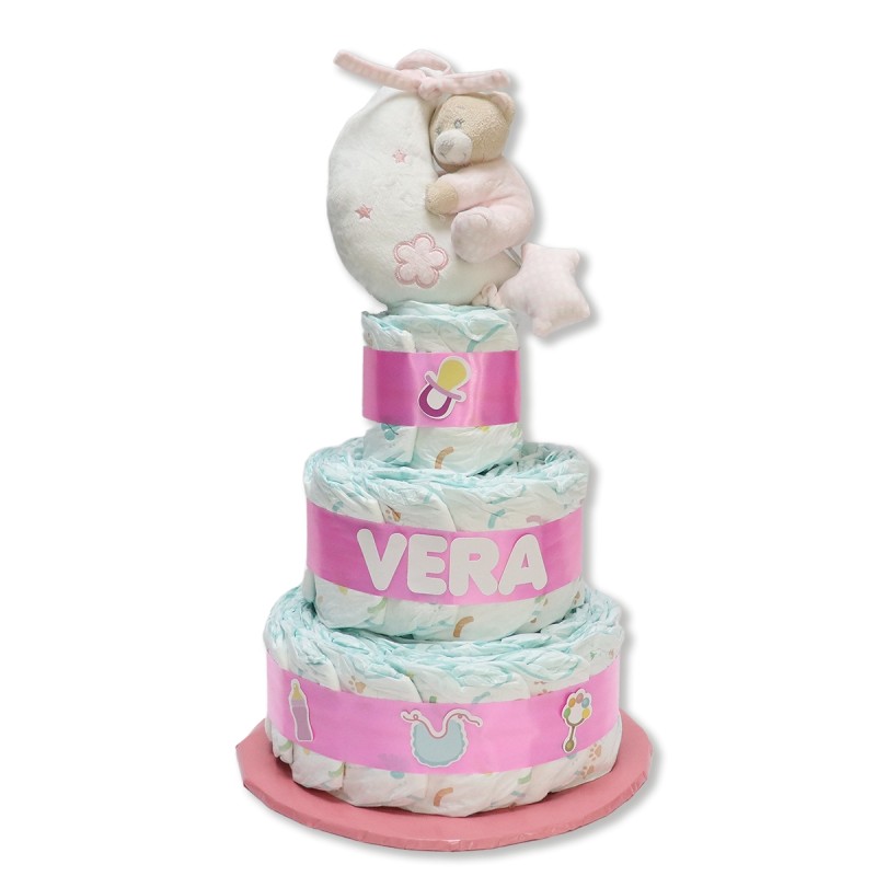 Tarta de pañales 3 pisos ROSA osito luna musical rosa