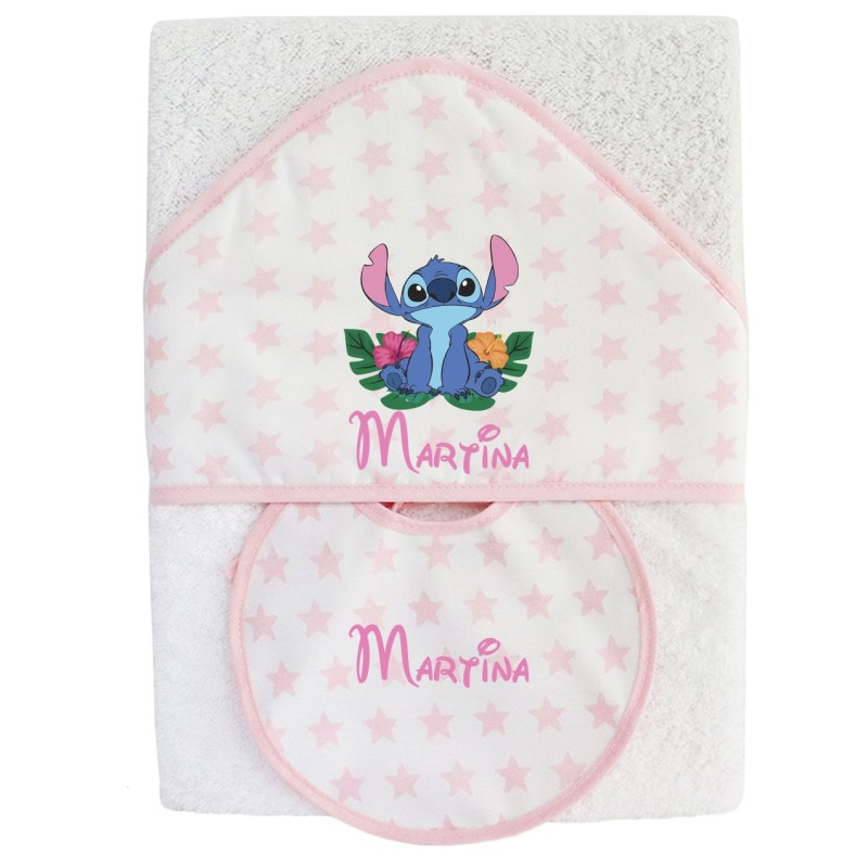 Capa de baño Stitch rosa + Babero nombre