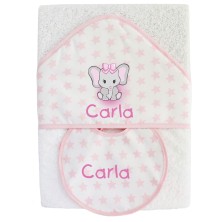 Capa de baño rosa elefanta + Babero nombre 