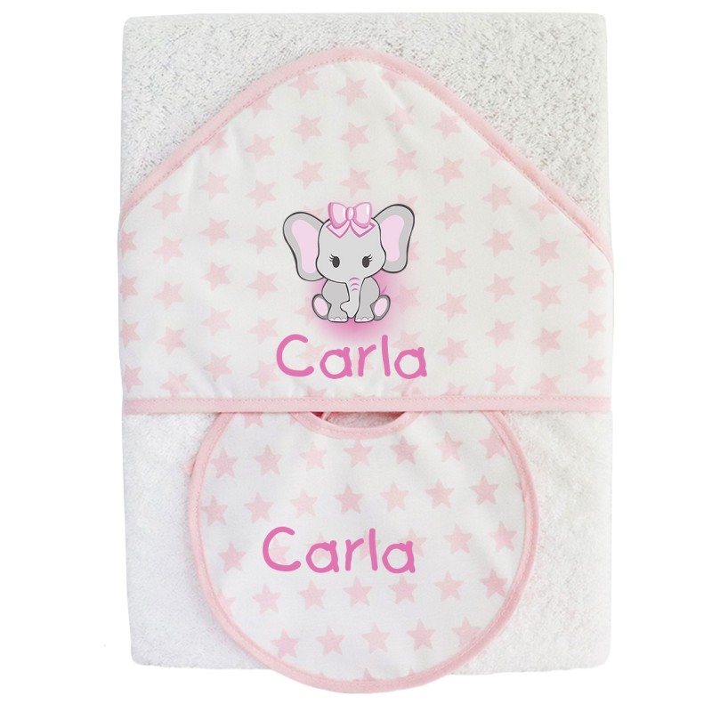 Capa de baño rosa elefanta + Babero nombre 