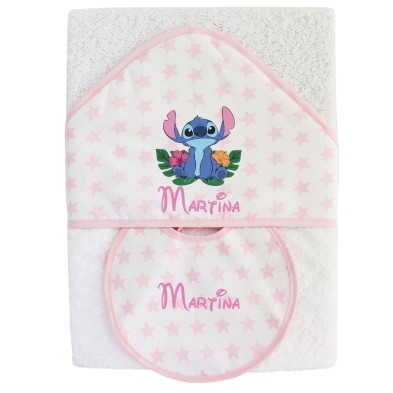 Capa de baño STITCH ROSA + Babero nombre